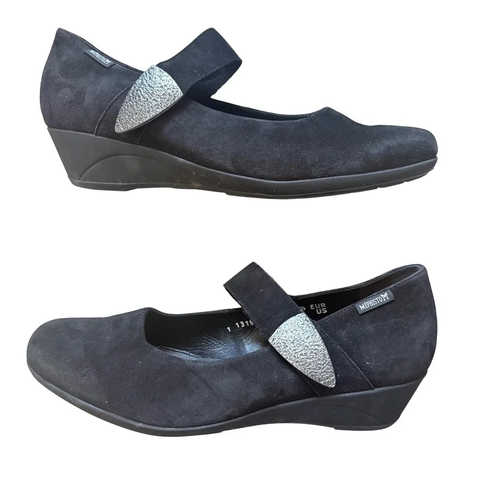 Mephisto Kimona Black Suede Mary Jane Wedge Shoes Womens Size 10
